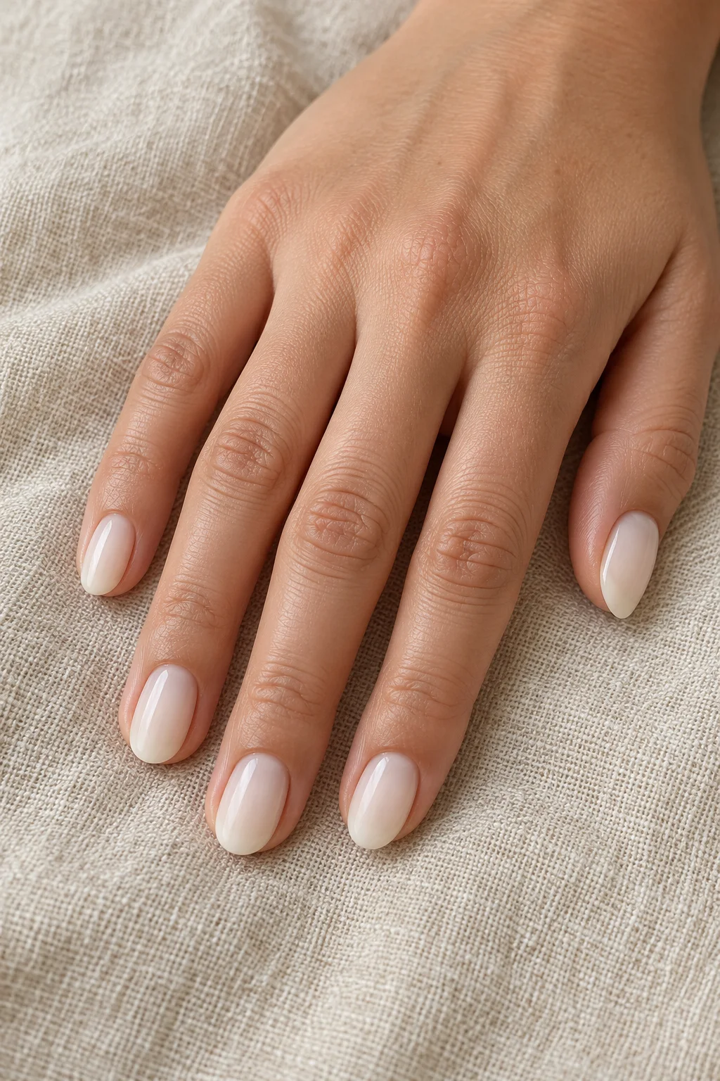 a relaxed hand with short milky ivory nails on beige linen.