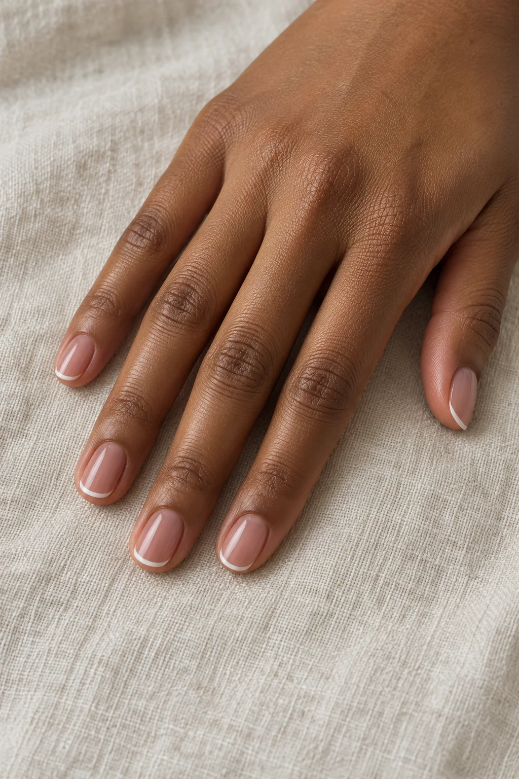 short nails with a sheer rose-brown base and narrow white French tips on a relaxed medium-brown hand.