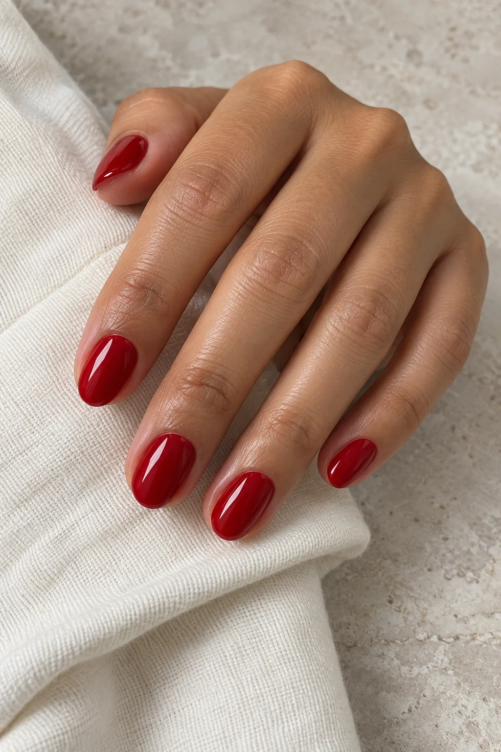 a relaxed hand with glossy cherry-red short nails over an ivory sleeve.