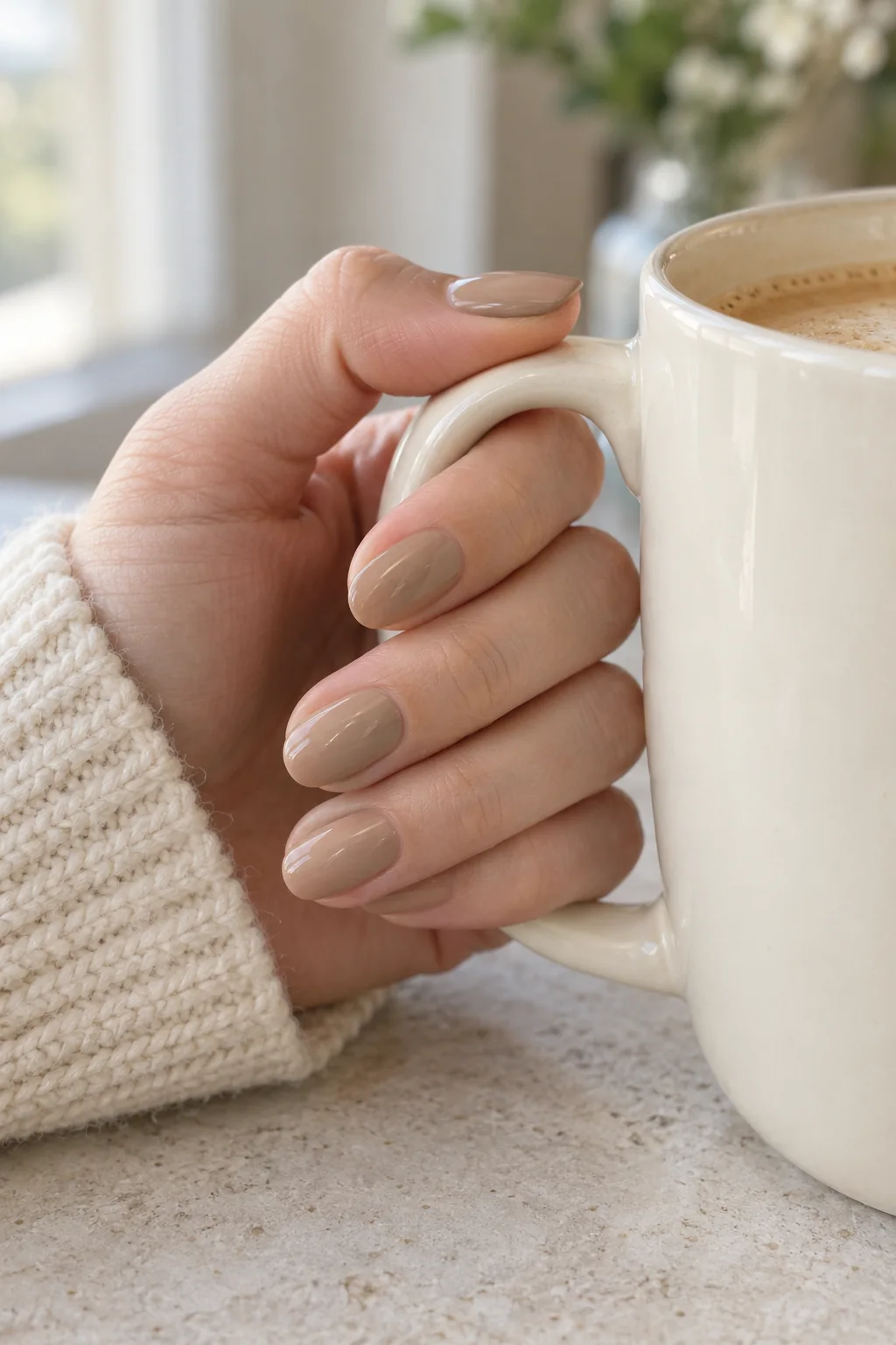 a fair-skinned hand with latte-beige nails loosely holding an ivory mug.