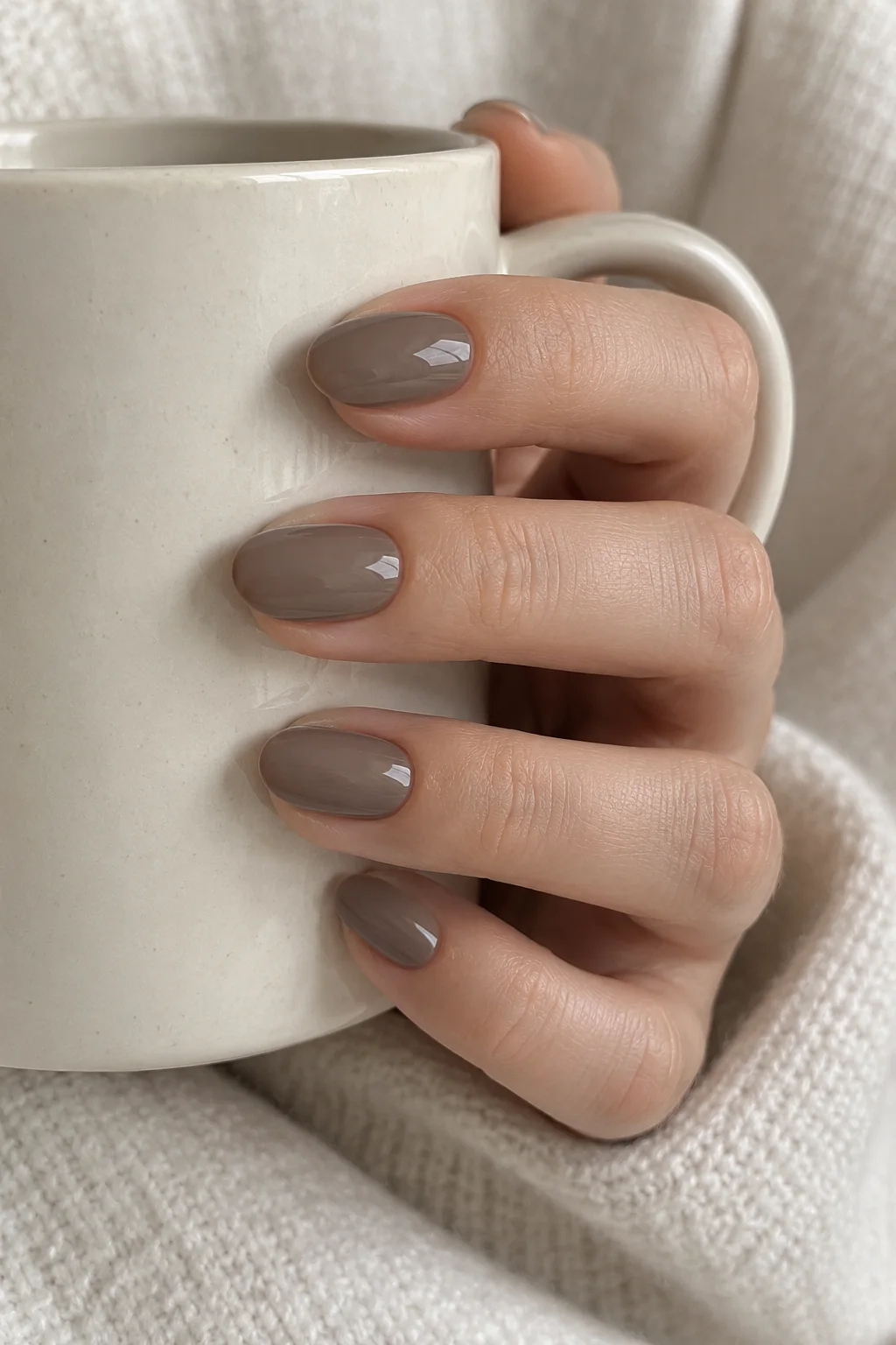 a fair-skinned hand loosely holding an ivory mug, with short cool grey-brown taupe nails.