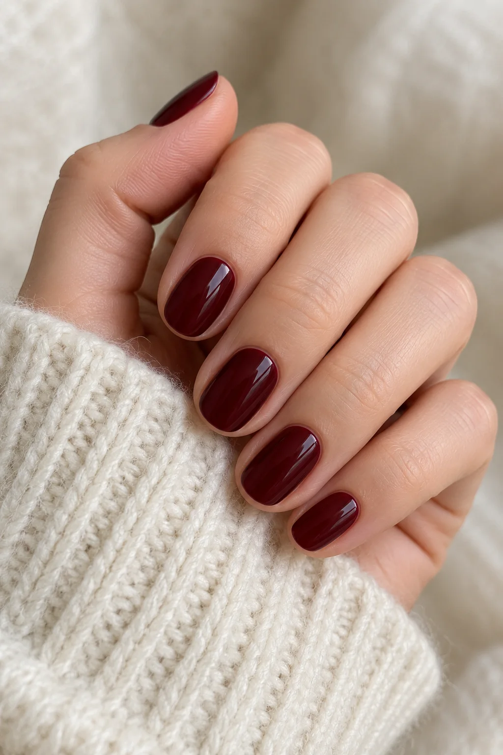 a fair-skinned hand with dark wine-red burgundy nails loosely curled over an ivory knit cuff.