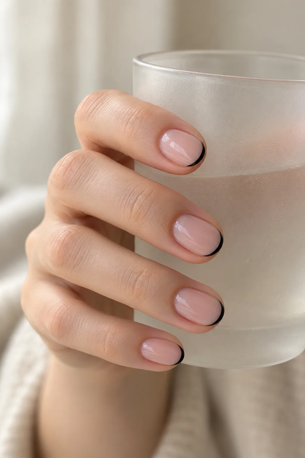 a hand holding a frosted glass, showing short sheer-pink nails with fine black French tips.