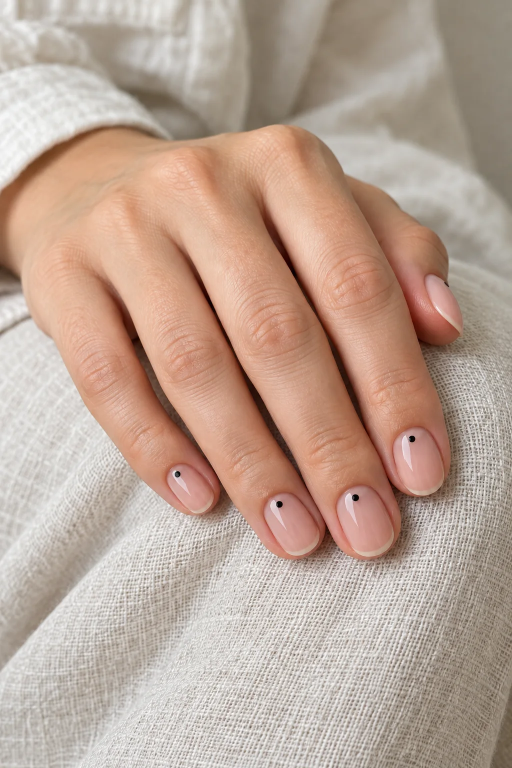 short rosy nails with one tiny black dot near the base of each of four accent nails and a plain thumbnail.