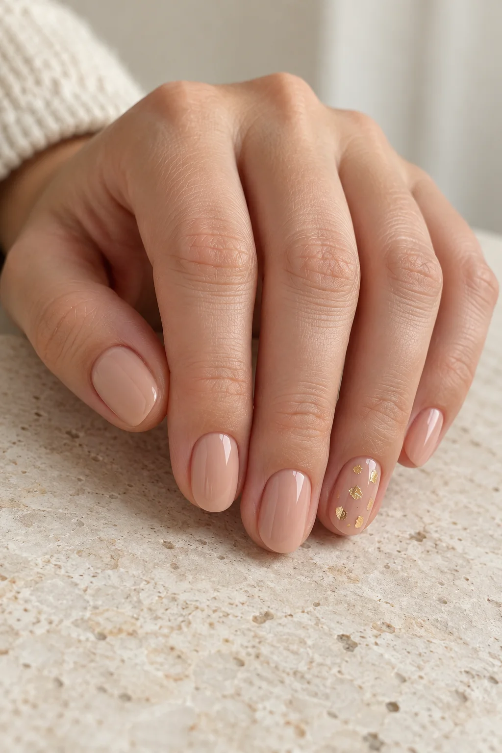 a relaxed hand with warm nude nails and sparse gold flecks on one ring-finger accent nail.