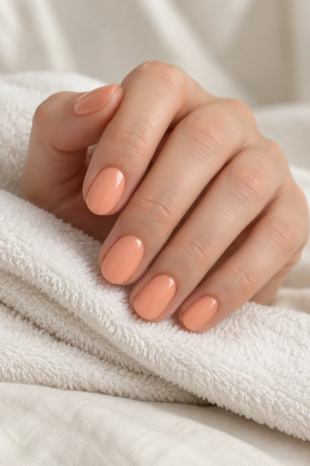 a relaxed hand with solid peach nails resting on a folded white towel.