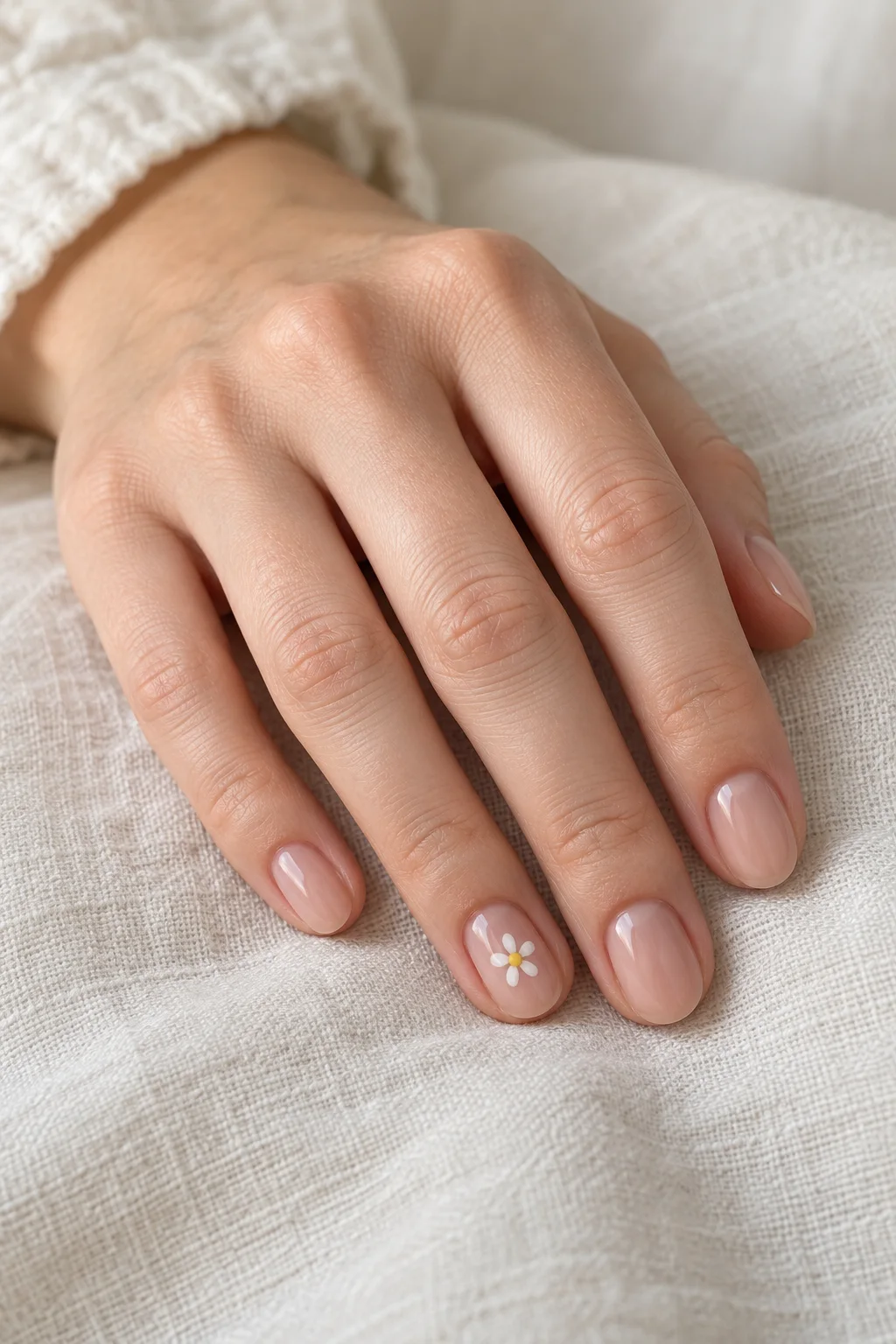 a relaxed hand with sheer nude nails and one white daisy with a yellow center on the ring-finger nail.